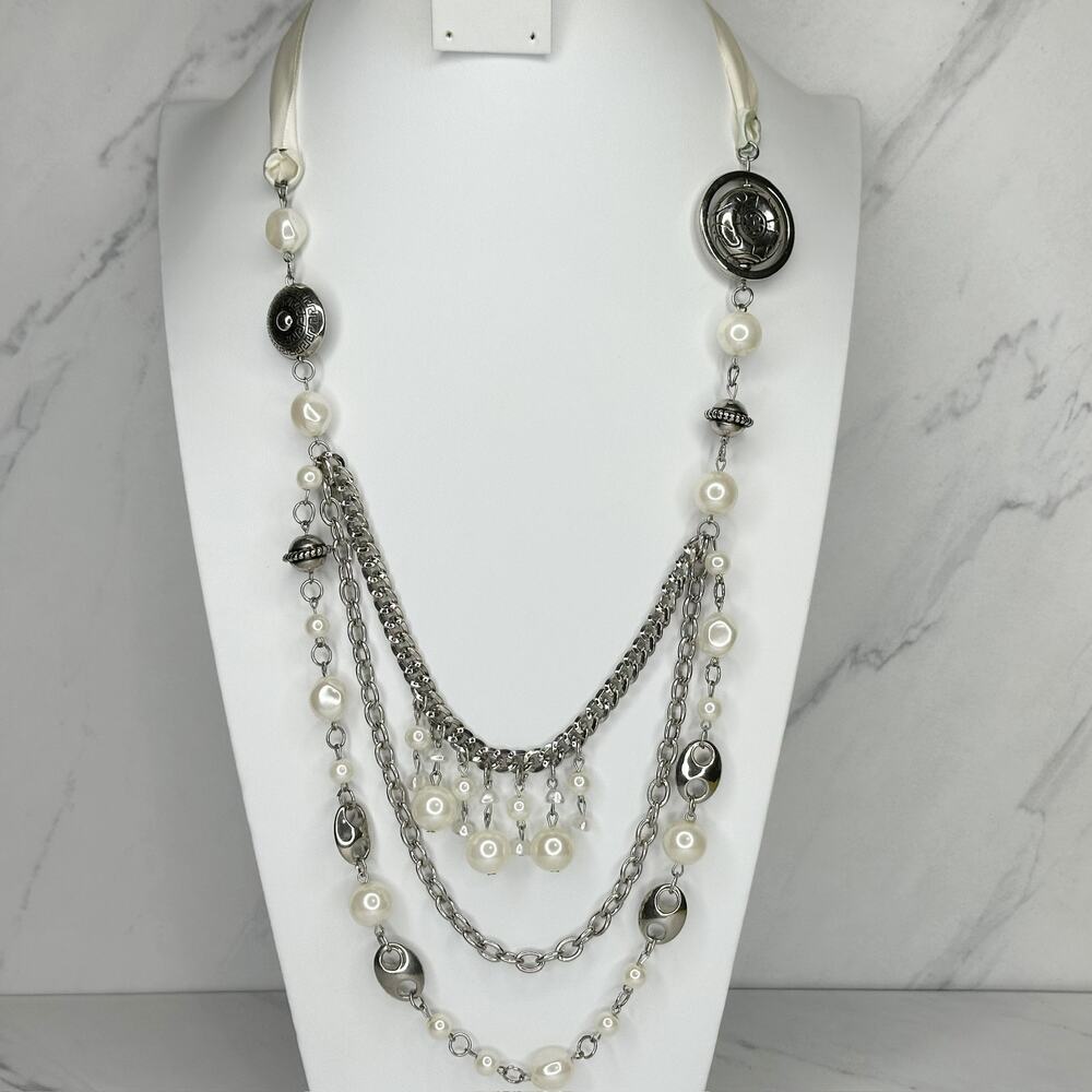 Chunky Faux Pearl Silver Tone Multi Strand Charm Chain Necklace Ribbon Tie ✨